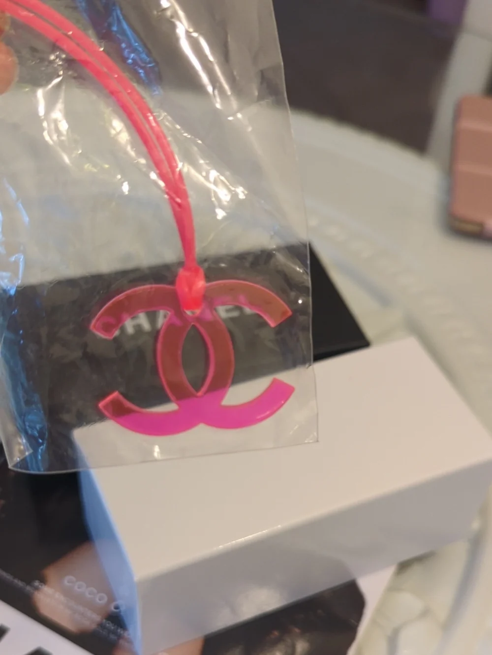 CHANEL Neon Pink CC Logo Charm Keyring